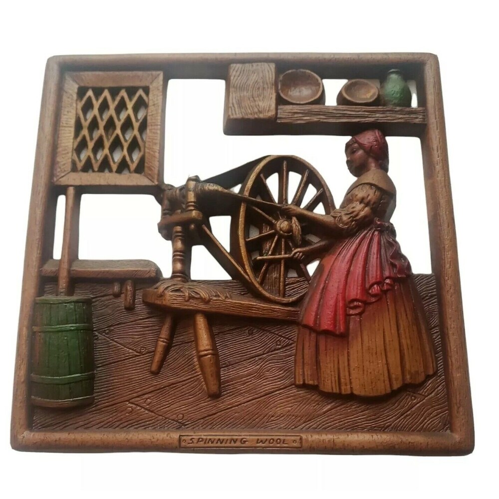 Vintage Wall Hanging Multi Products Woman Spinning Wool U.S.A. Square 3D 9"x9"